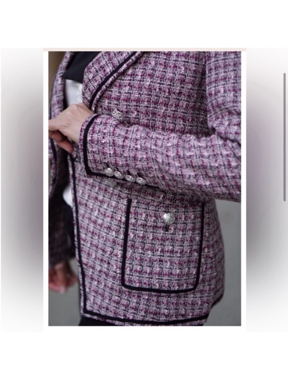 VERONICA BEARD | Theron Tweed Double Breasted Blazer Jacket Pink Black Trim Sz 6 - Picture 3 of 12